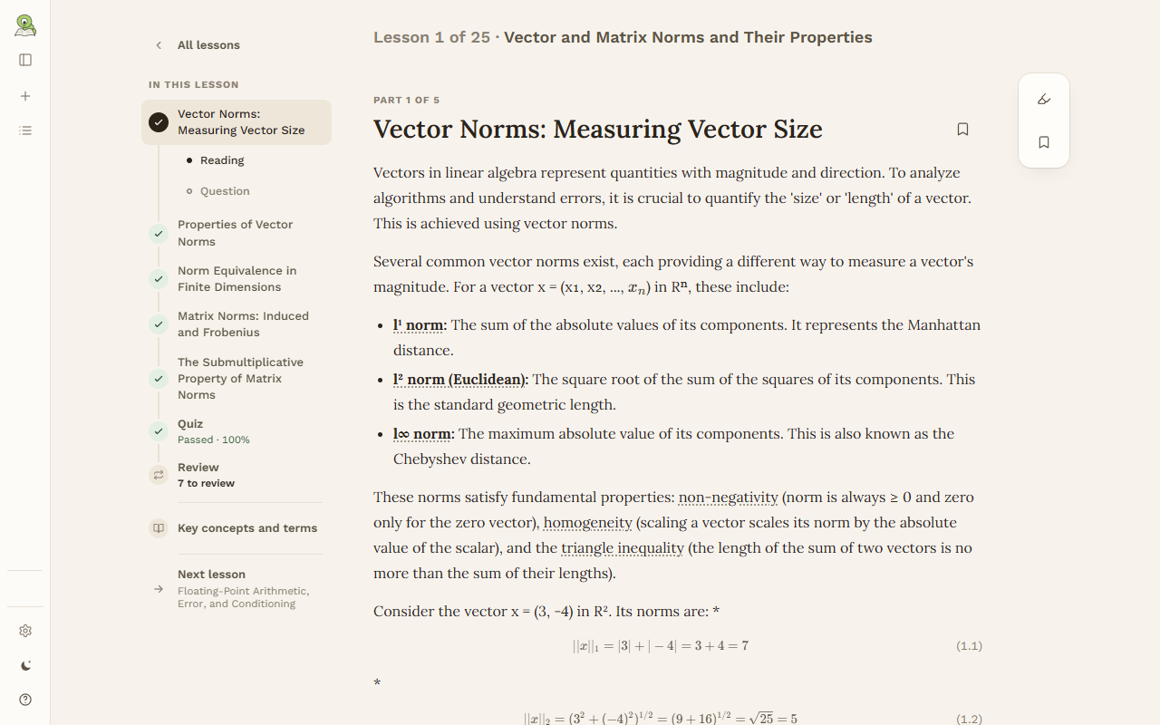 A lesson being read: its parts on the left, the text of the first part on the right
