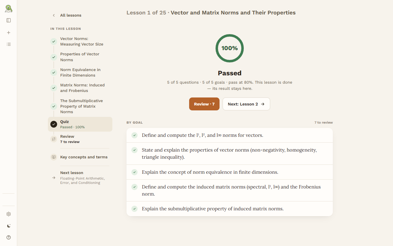A passed quiz: the score, and every goal of the lesson marked as held