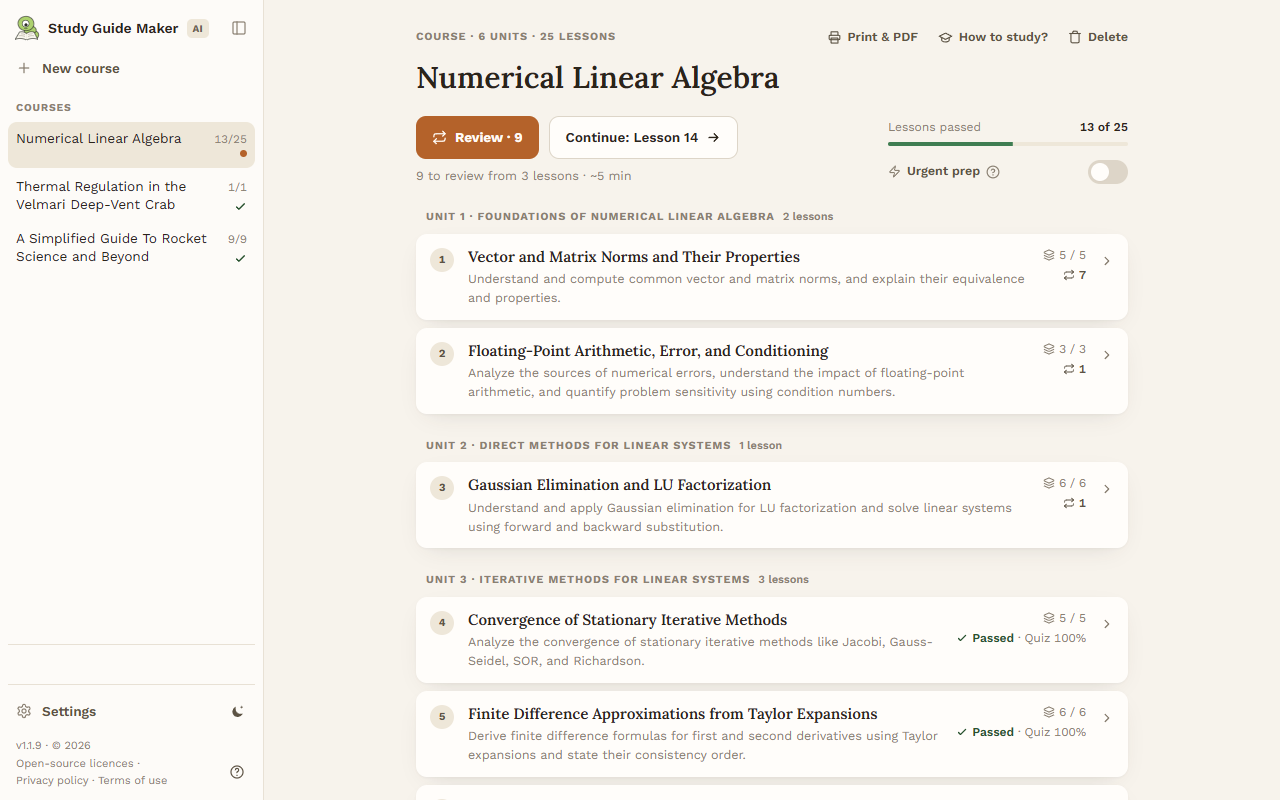A built course: units, lessons, how many are passed, and what is due for review