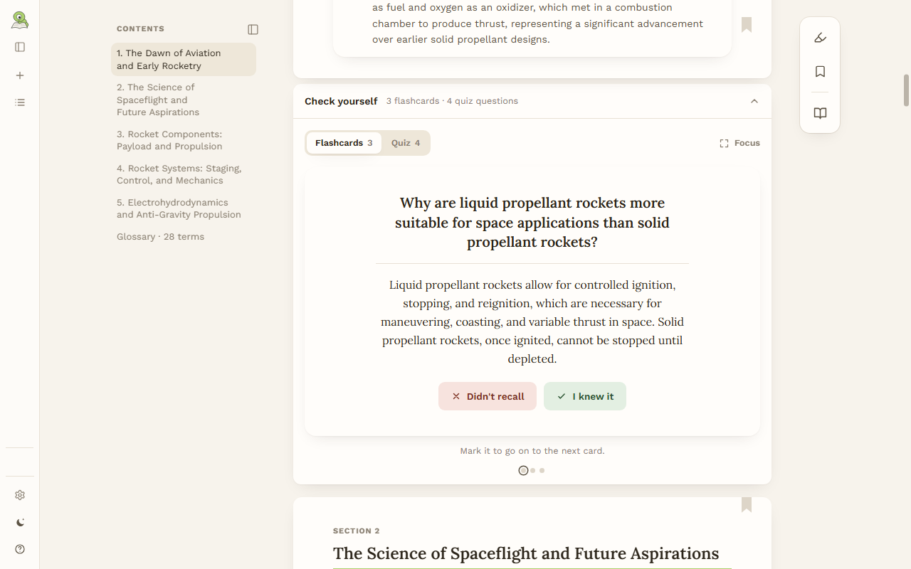 A flashcard under a section: the question, its answer, and the buttons to mark it