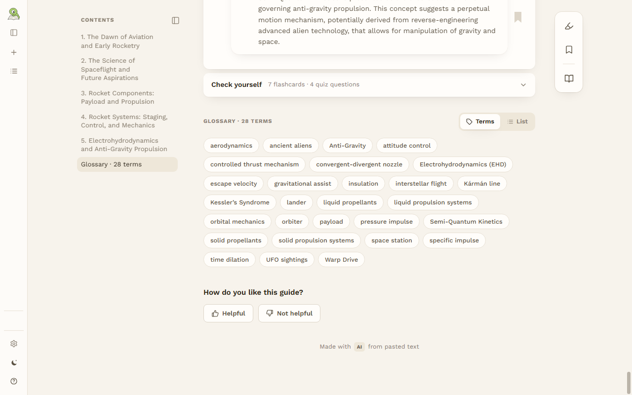The glossary at the end of the guide: every key term of the material