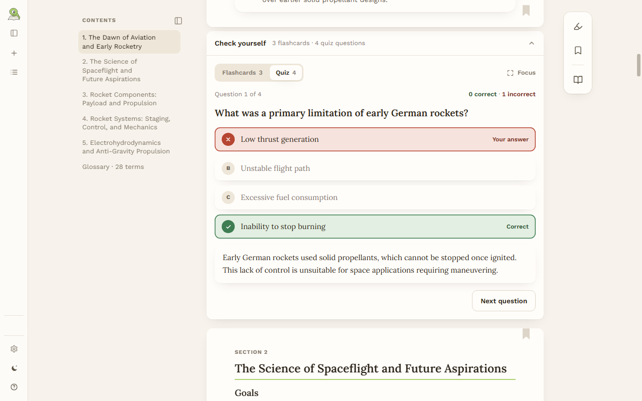 A quiz under a section: the answer given, the right one marked, and why it is right