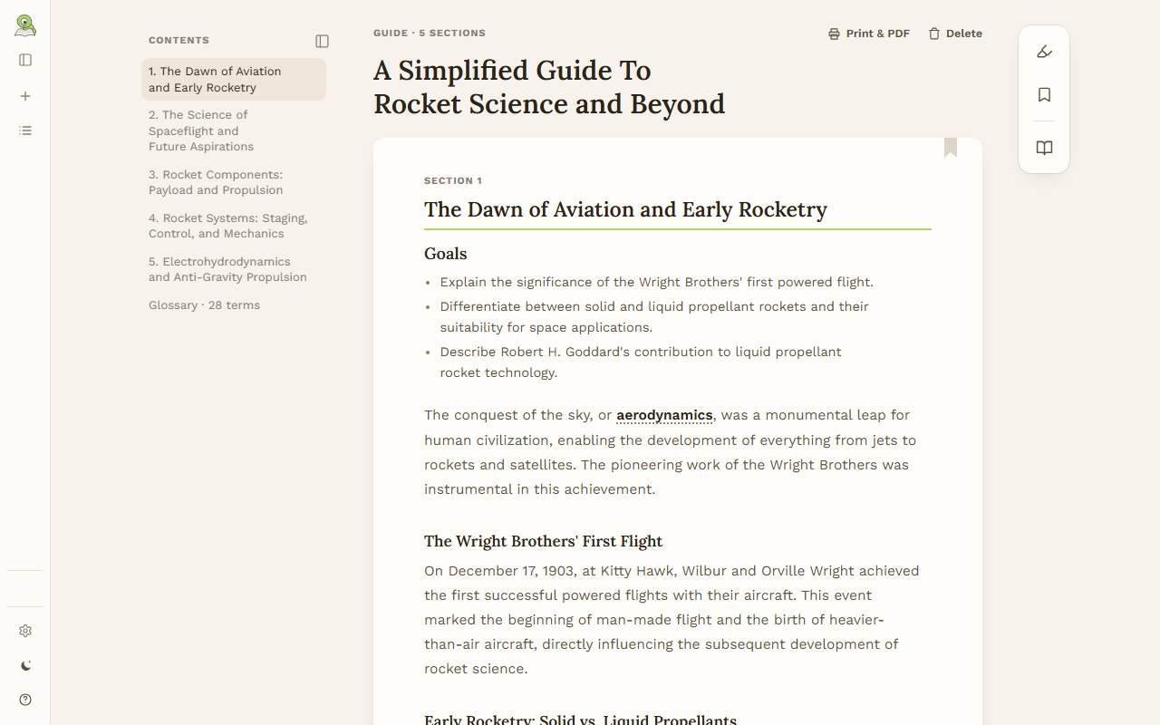 A guide being read: the contents on the left, a section opening with its key ideas, and its key terms underlined