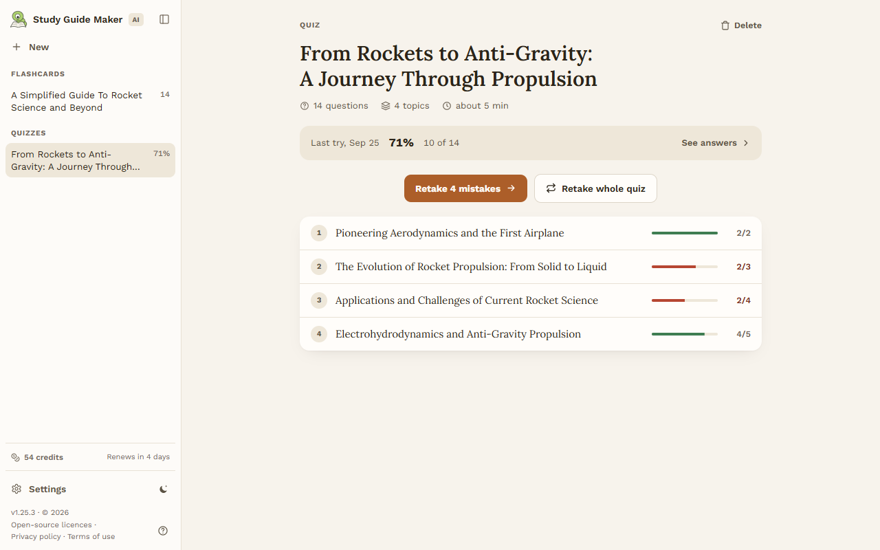 A finished quiz: the score, the score in every topic, and the button to retake the mistakes