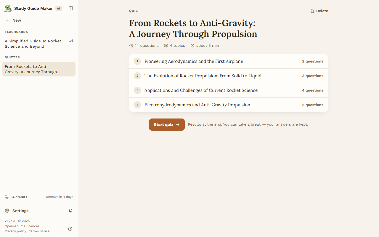 A quiz before it is taken: how many questions, the topics they cover, and the button to start