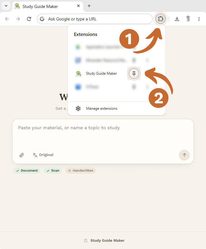Chrome's extensions menu, with the pin beside Study Guide Maker